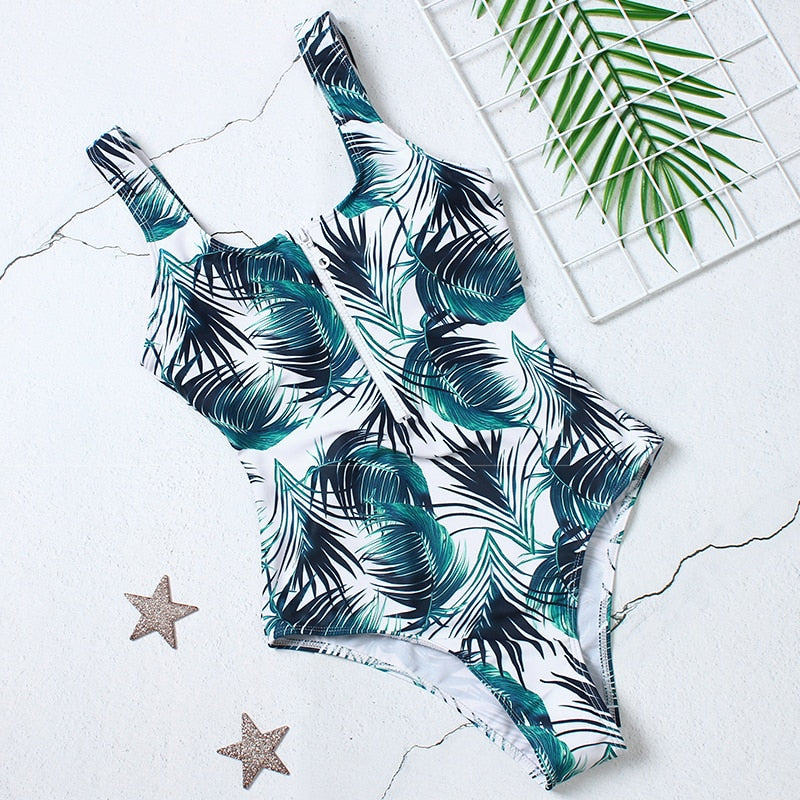 Zip-Neckline Multi-Pattern One-Piece Swimsuit