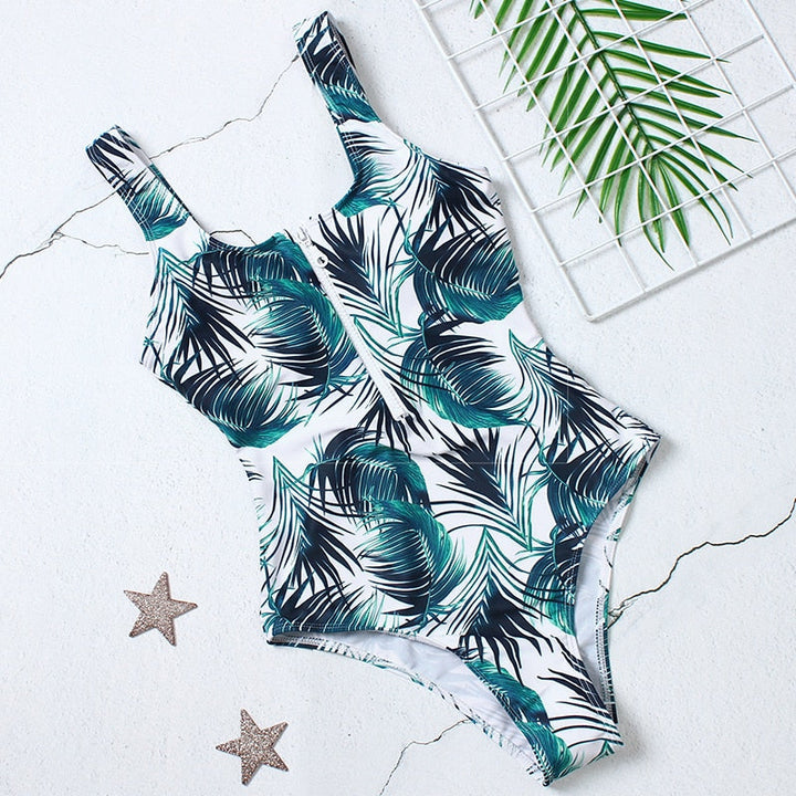 Zip-Neckline Multi-Pattern One-Piece Swimsuit