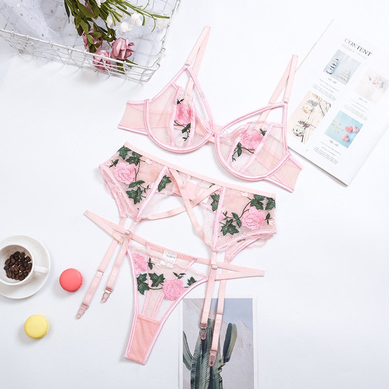Floral Embroidered Mesh Bra Garter Panties Set
