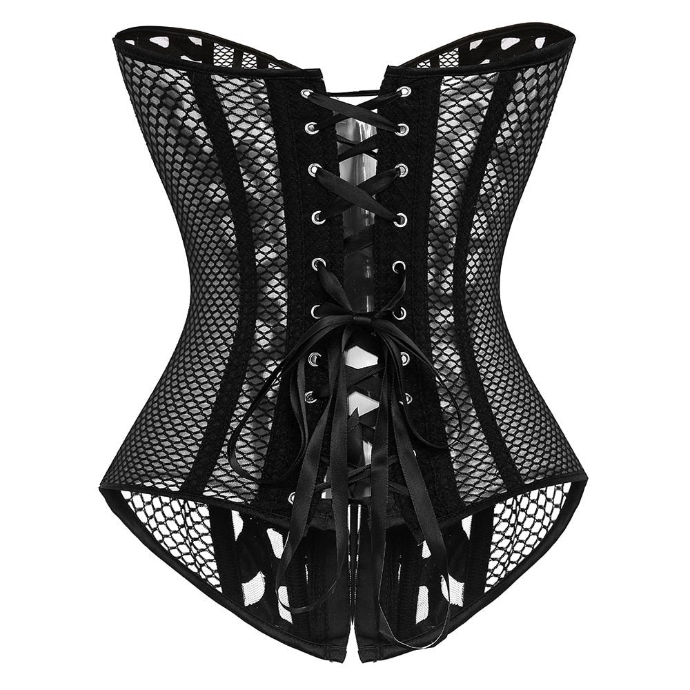 Floral Motif Mesh-Trim Evening Corset Polyester Spandex