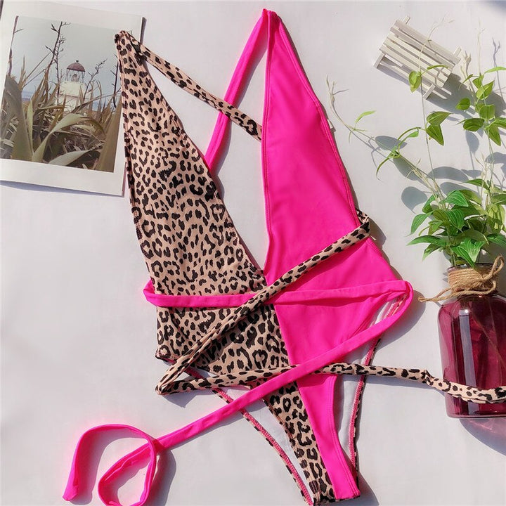 Deep-Neckline Multi-Pattern One-Piece Swimsuit