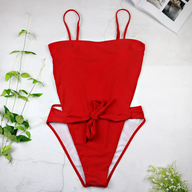Open-Back Tie-Waist Slim-Strap One-Piece Swimsuit