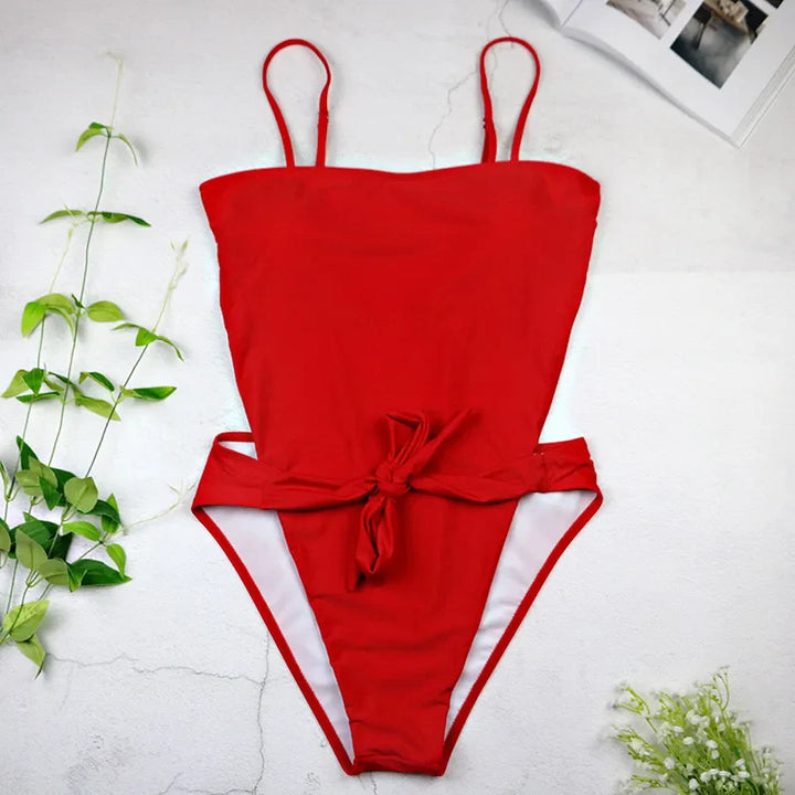 Open-Back Tie-Waist Slim-Strap One-Piece Swimsuit