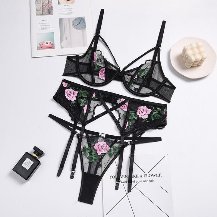 Floral Embroidered Mesh Bra Garter Panties Set