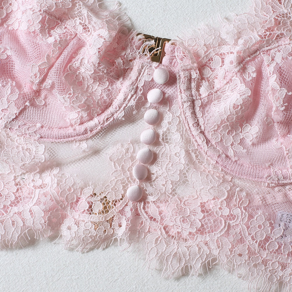 Lace Corset-Style Bra Lingerie Set Button Detail