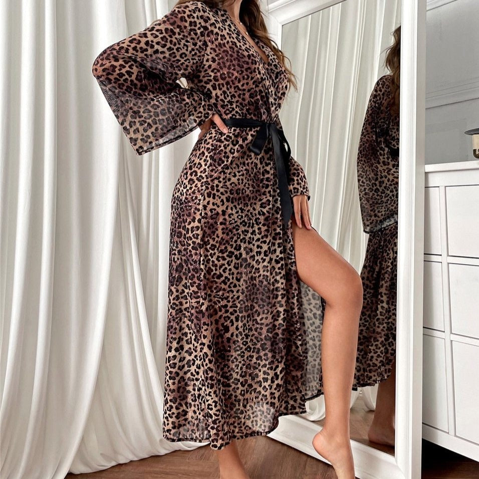 Long Leopard Print Tie-Belt Side-Slit Lightweight Robe