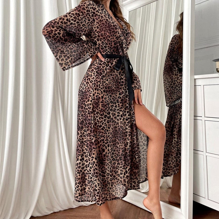 Long Leopard Print Tie-Belt Side-Slit Lightweight Robe