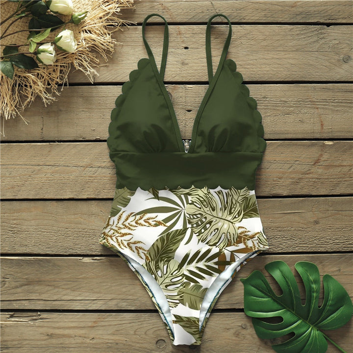 Deep-Neckline Figure-Enhancing One-Piece Swimsuit