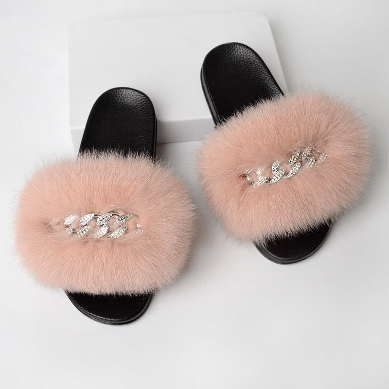 Faux Fur Slippers with Decorative Chain