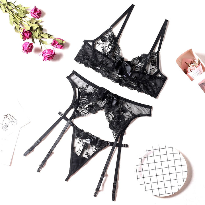 Lace Bow-Detail Bra Garter Panties Set