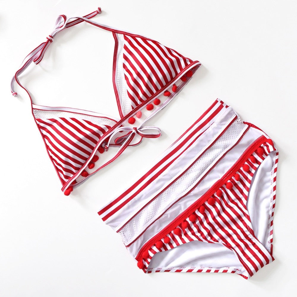 Pom-Pom Trim Figure-Enhancing Two-Piece Swimsuit