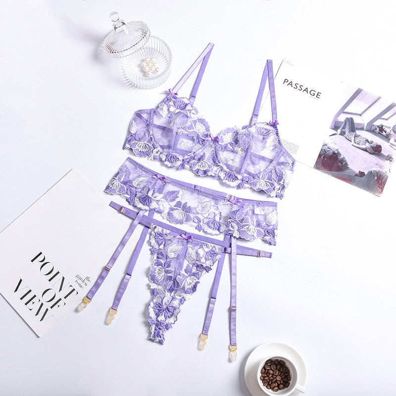 Lace Bra Garter Belt and Panties Evening Set