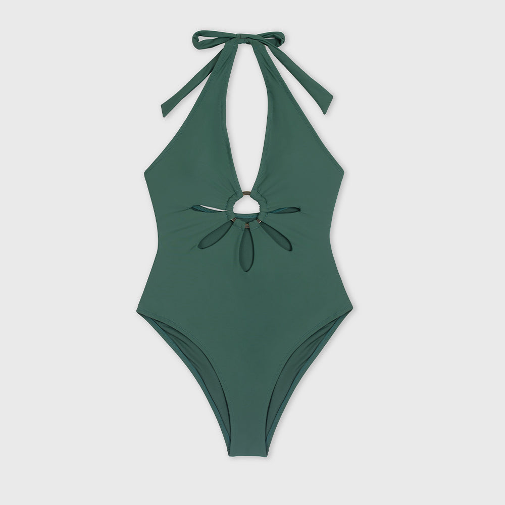 Halter-Tie Cut-Out Figure-Enhancing One-Piece Swimsuit