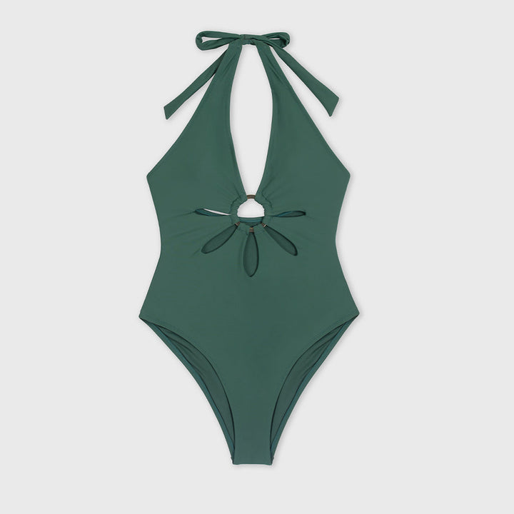 Halter-Tie Cut-Out Figure-Enhancing One-Piece Swimsuit