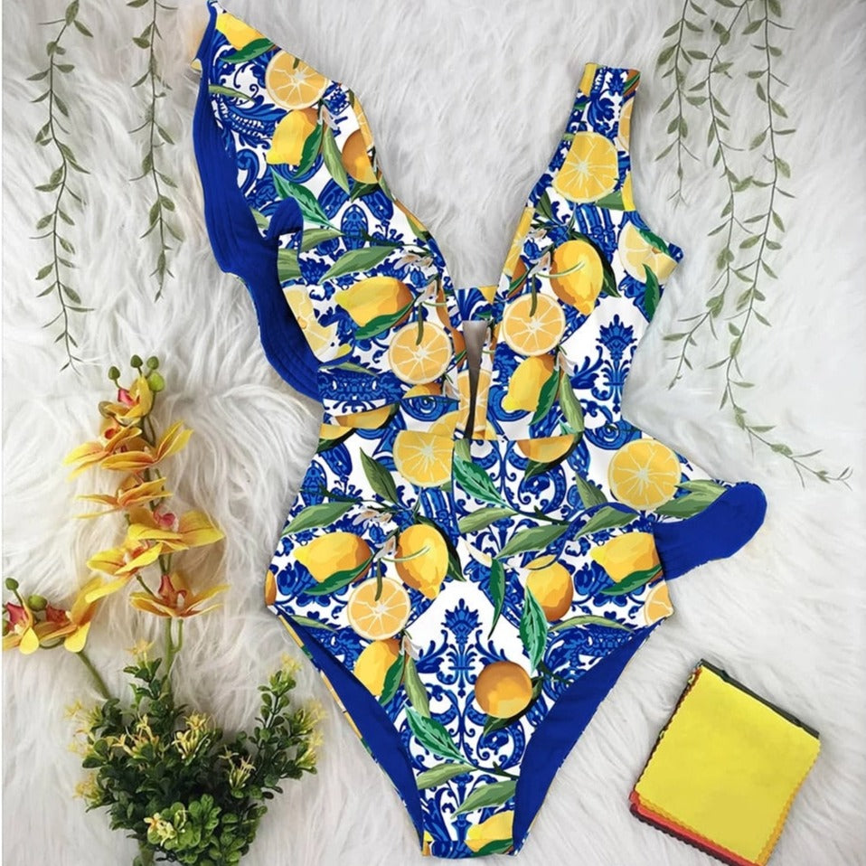 Plunge-Neck Waist-Ruffle Adjustable One-Piece Swimsuit