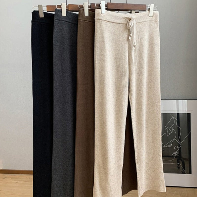 Ribbed Knit Straight-Leg Tie-Waist Relaxed Pants