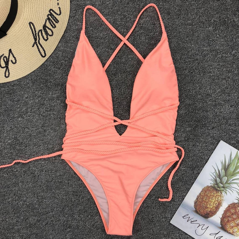 Plunge-Neck One-Piece Swimsuit Decorative Cord Detail