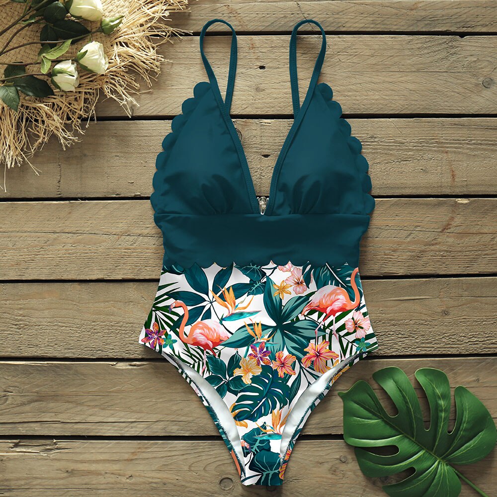 Deep-Neckline Figure-Enhancing One-Piece Swimsuit