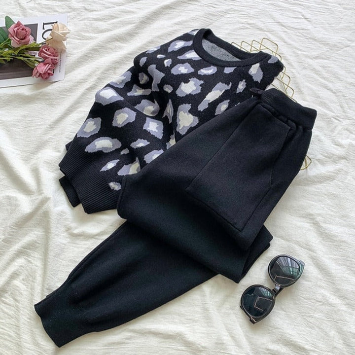 Leopard Print Warm Sweater and Pants Homewear Set