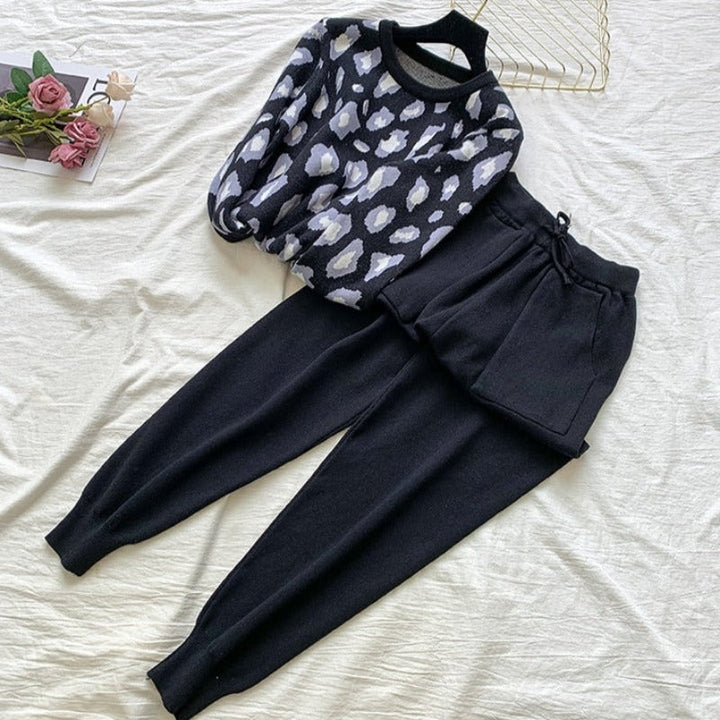 Leopard Print Warm Sweater and Pants Homewear Set