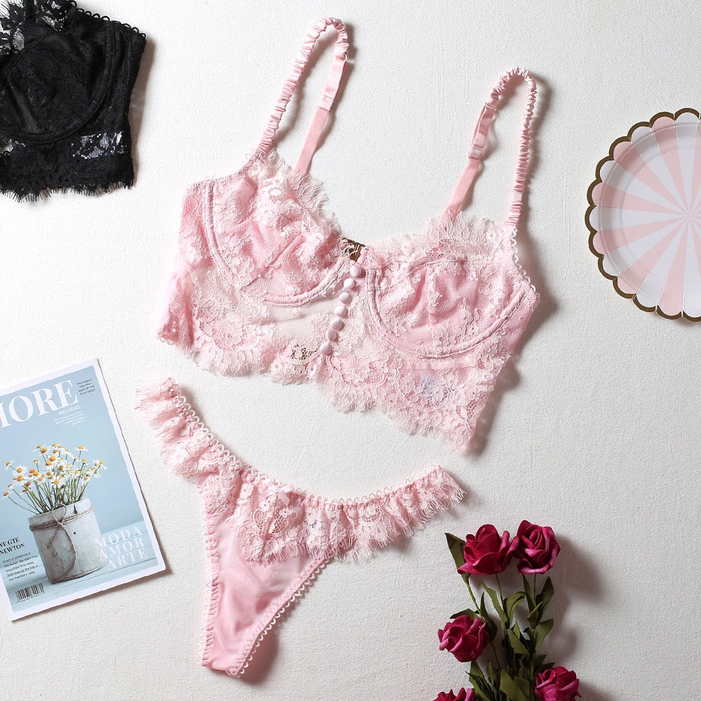Lace Corset-Style Bra Lingerie Set Button Detail