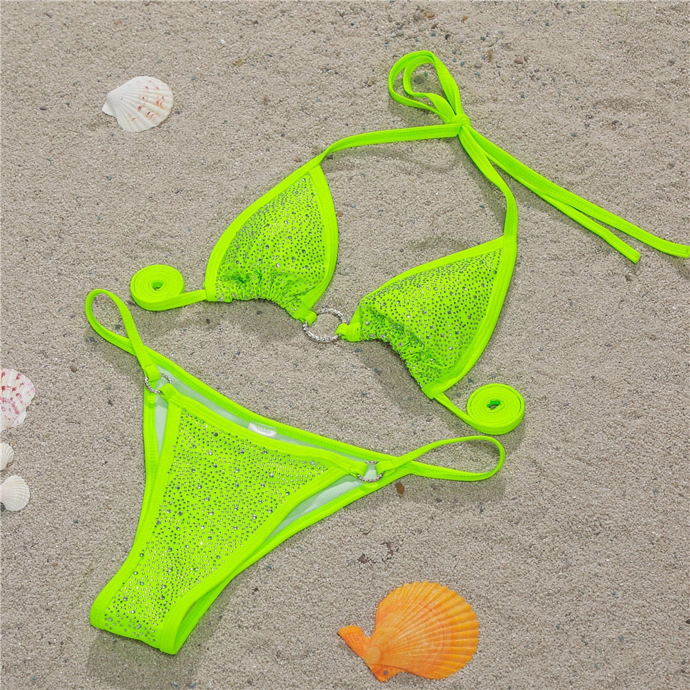Plunge-Neck Bikini with Diamante Embellished Detail