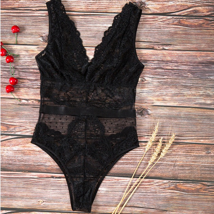 Lace Mesh Plunge Bodysuit