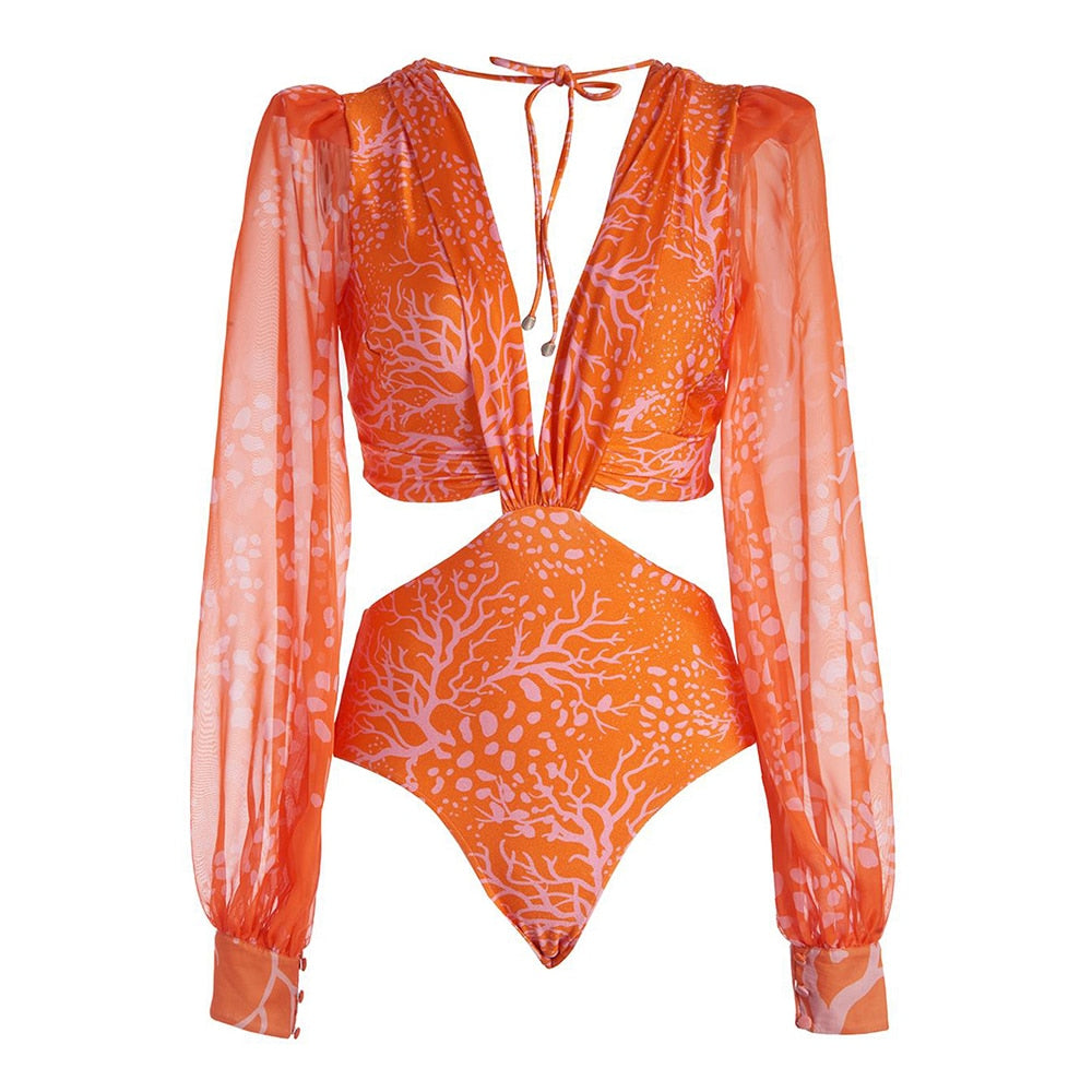 Boho Long-Sleeve Swimsuit Decorative Ties Cut-Out Waist