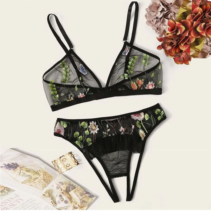 Embroidered Mesh Open-Crotch Ruffle Lingerie Set