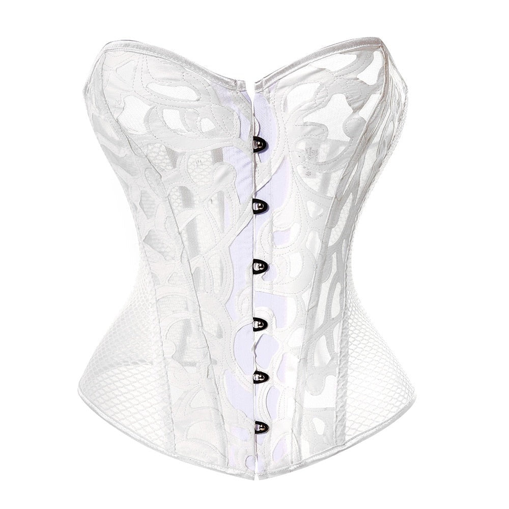 Floral Motif Mesh-Trim Evening Corset Polyester Spandex
