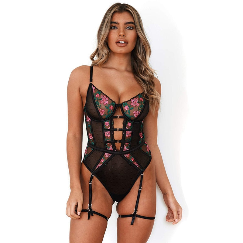 Mesh Floral Embroidered Bodysuit