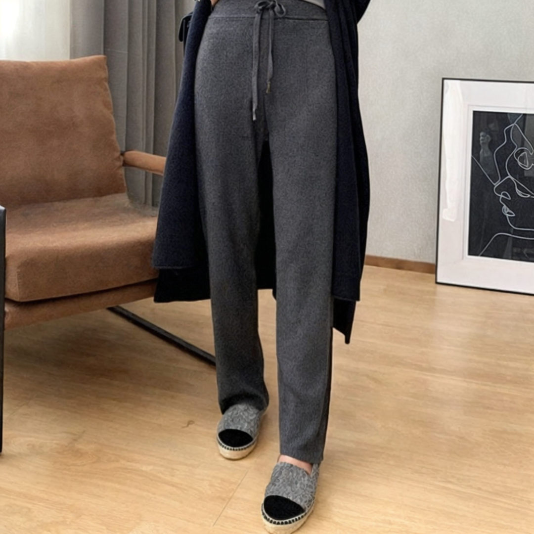 Ribbed Knit Straight-Leg Tie-Waist Relaxed Pants