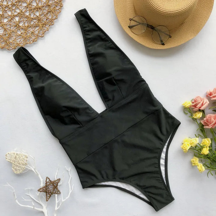 Deep-Neckline Plunging One-Piece Swimsuit