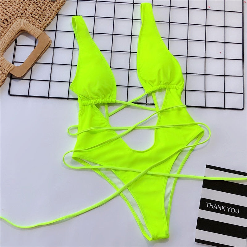 Deep-Neckline Multi-Pattern One-Piece Swimsuit