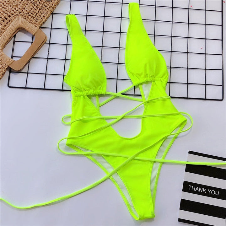 Deep-Neckline Multi-Pattern One-Piece Swimsuit