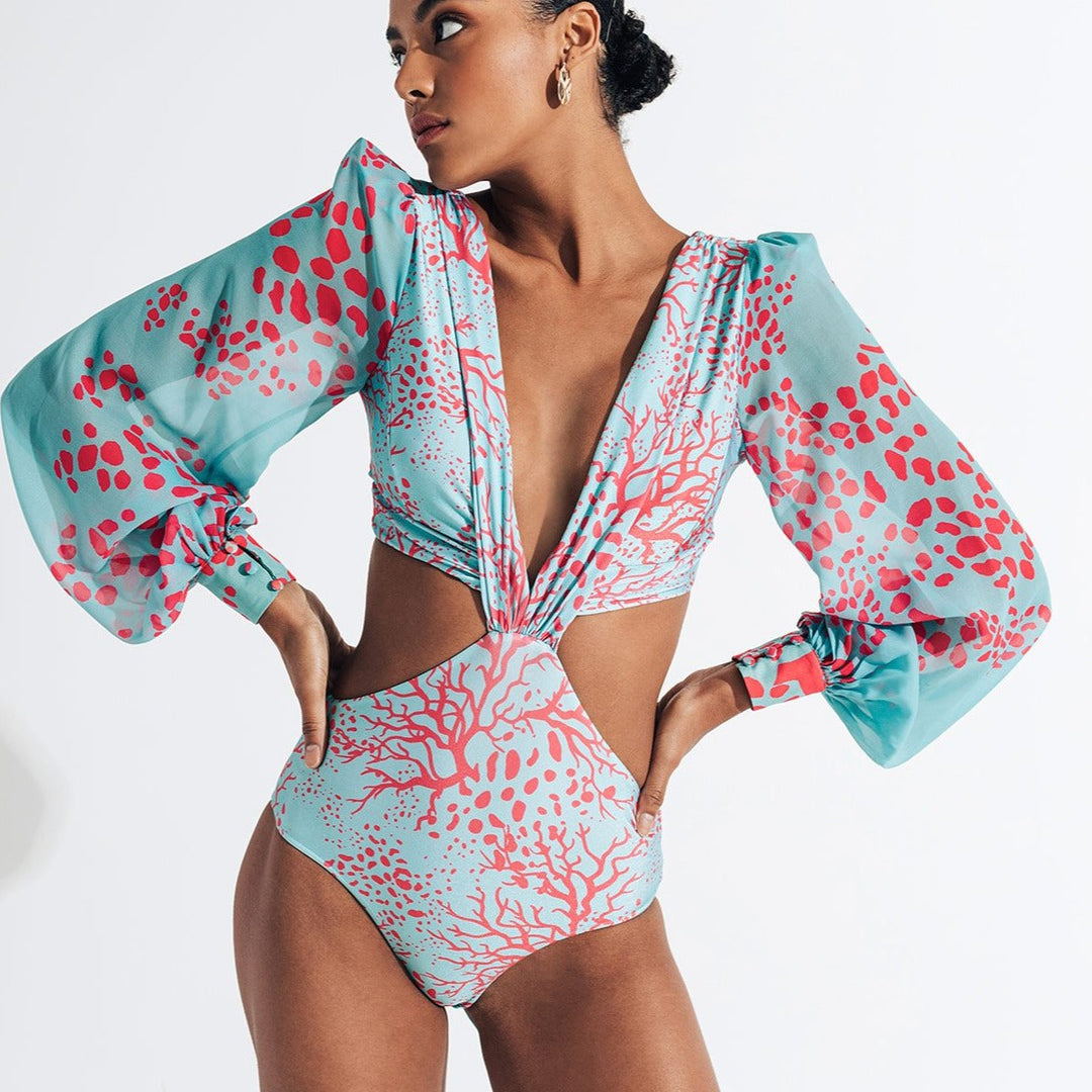 Boho Puff-Sleeve One-Piece Swimsuit Waist Cut-Out