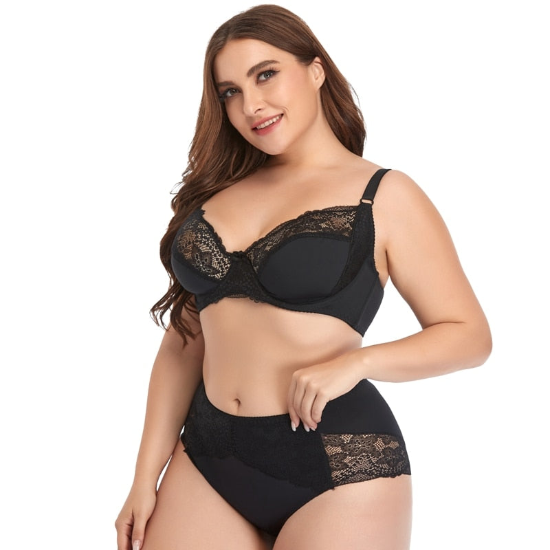 Plus Size Moulded-Cup Lace-Trim Lingerie Set
