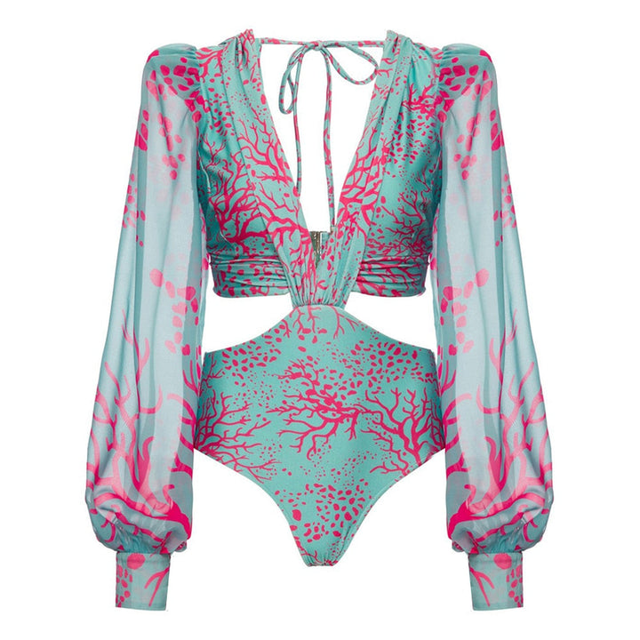 Boho Puff-Sleeve One-Piece Swimsuit Waist Cut-Out