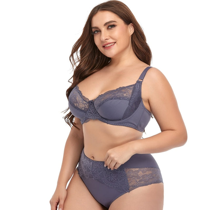 Plus Size Moulded-Cup Lace-Trim Lingerie Set