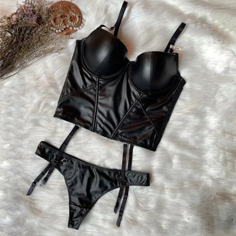 Leather Stocking-Strap Corset and Thong Set