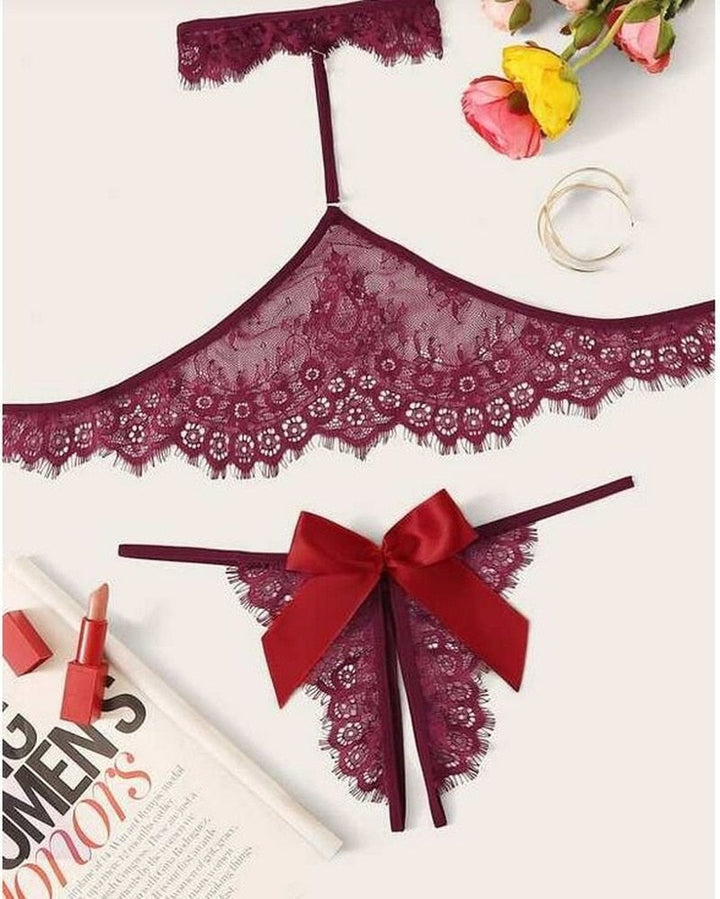 Lace Bra with Choker and Open-Crotch Panties Set