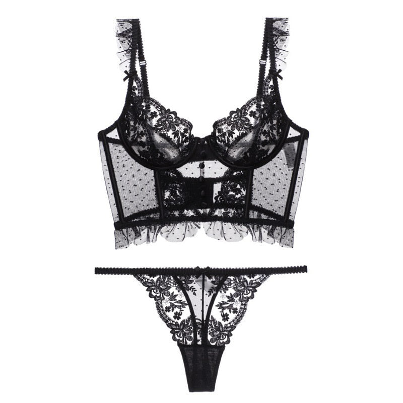Embroidered Demi-Corset Figure-Enhancing Lingerie Set