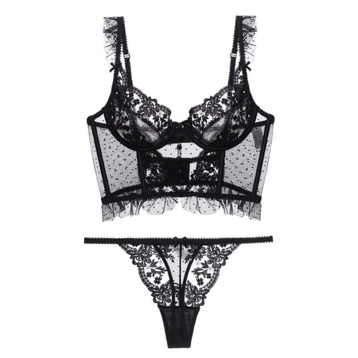 Embroidered Demi-Corset Figure-Enhancing Lingerie Set