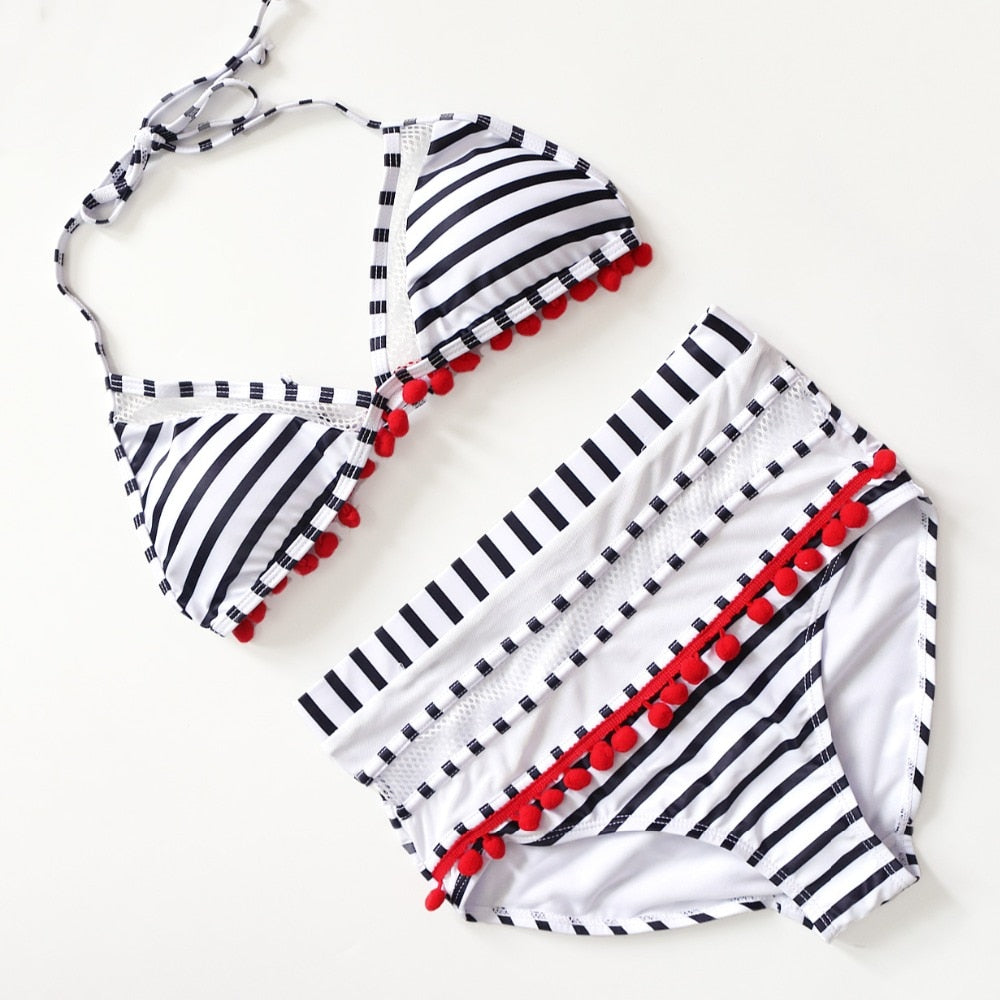 Pom-Pom Trim Figure-Enhancing Two-Piece Swimsuit