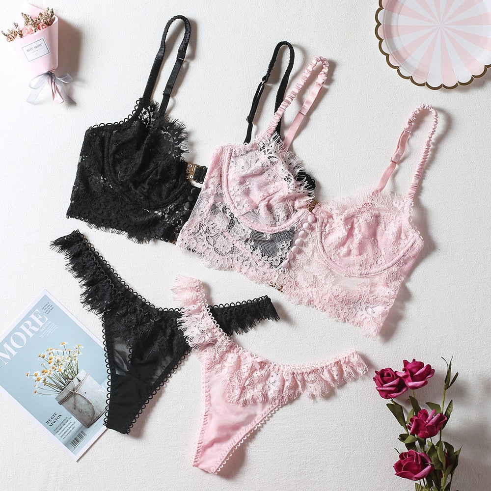Lace Corset-Style Bra Lingerie Set Button Detail