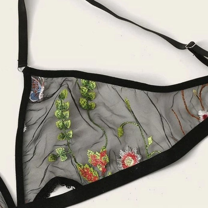 Embroidered Mesh Open-Crotch Ruffle Lingerie Set
