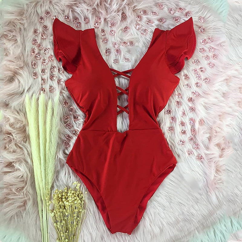 One-Piece Swimsuit Ruffle Straps Defined Waist