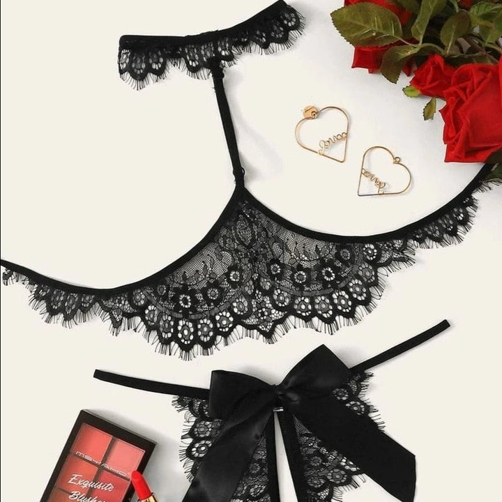 Lace Bra with Choker and Open-Crotch Panties Set