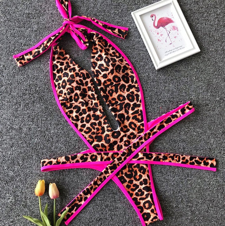 Deep-Neckline Multi-Pattern One-Piece Swimsuit