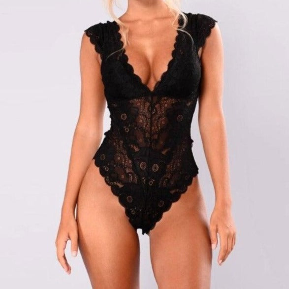 Lace Deep-Neckline Back Cut-Out Bodysuit